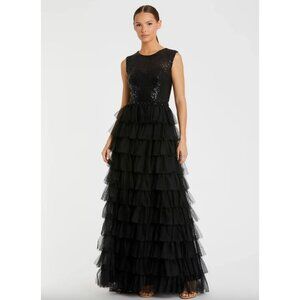 Mac Duggal Black Ruffle Tiered High Neck Sequined Gown Size 6 Style # 26055